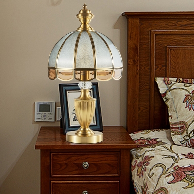Traditional Dome Table Light 1 Bulb Frosted Glass Nightstand Lamp with Scalloped Edge in Bronze