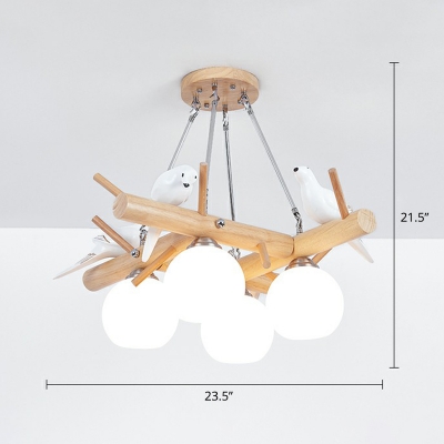 Tree Branch Chandelier Nordic Wooden Bedroom Hanging Light with Dome Milk Glass Shade and Bird Decor