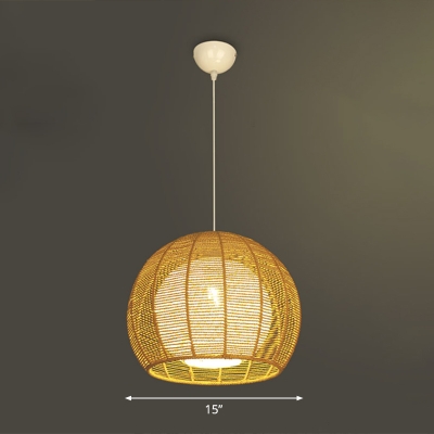 Wood Globe Hanging Light Minimalist 1-Bulb Rattan Fiber Pendant Lighting for Restaurant