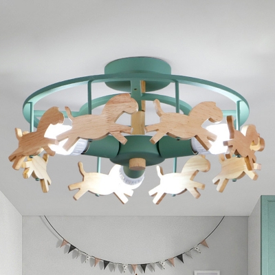 Wooden Carousel Flush Mount Lamp Cartoon 3-Light Semi Flush Ceiling Light for Kids Room
