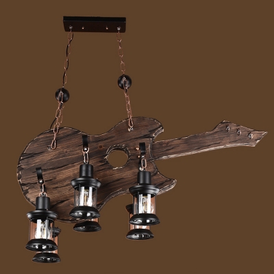 Wooden Guitar Shaped Pendant Light Loft Style 6-Bulb Living Room Chandelier with Lantern Shade