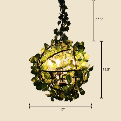 3-Bulb Suspension Pendant Light Farmhouse Metal Cage Ceiling Lamp with Plant Deco
