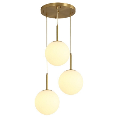 Ball Cluster Pendant Light Simple Ivory Glass 3-Light Dining Room Ceiling Lamp in Gold