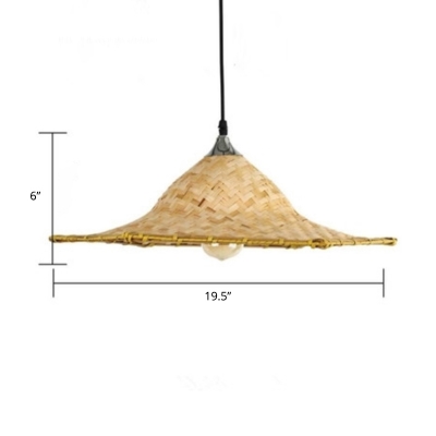 Bamboo Straw Hat Shaped Pendant Light Farmhouse 1-Light Restaurant Hanging Lamp in Wood