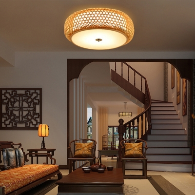 Beige Round Ceiling Flush Light Minimalist 1-Light Bamboo Flushmount Lighting for Living Room