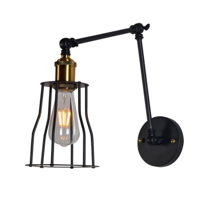 Black Cage Style Wall Lamp Warehouse Metal 1 Bulb Bedroom Reading Wall Light with Swing Arm