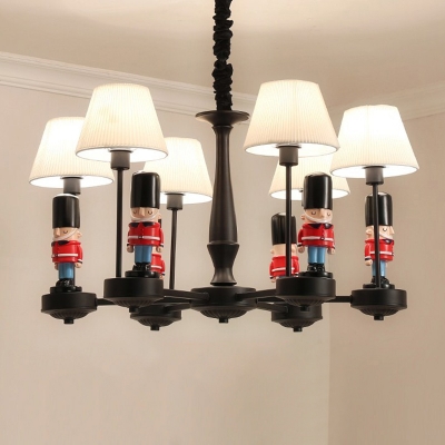 Black-Red Soldier Chandelier Cartoon Resin Hanging Light with Pleated Fabric Shade for Child Room