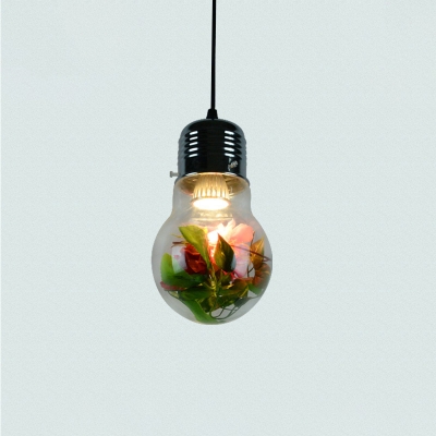 Bulb Shaped Clear Glass Mini Pendant Lamp Decorative 1-Light Dining Room Ceiling Light with Plant Deco