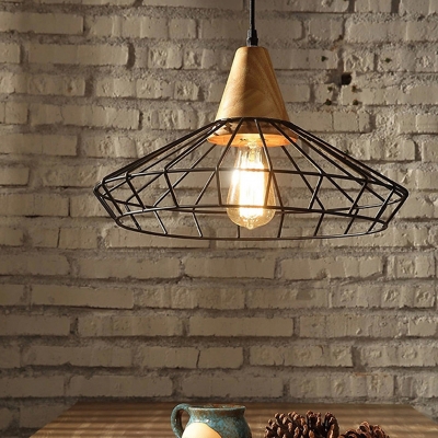 Cage Restaurant Suspension Light Industrial Iron 1-Light Black Pendant Light with Wood Socket