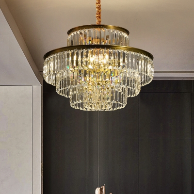 Contemporary Multi-Layer Chandelier Pendant Clear Crystal Living Room Suspension Light in Brass