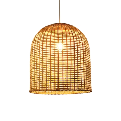 Elongated Dome Restaurant Hanging Light Bamboo 1 Head Minimalist Ceiling Lamp in Beige