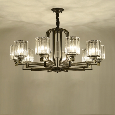 Gold-Black Chandelier Vintage Crystal Prism Cylindrical Pendant Ceiling Light for Living Room