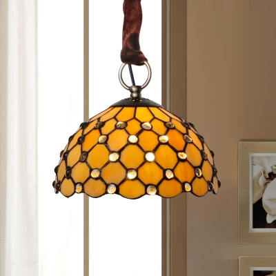 Jeweled Hanging Lamp Single-Bulb Beige Glass Traditional Pendant Light for Dining Room