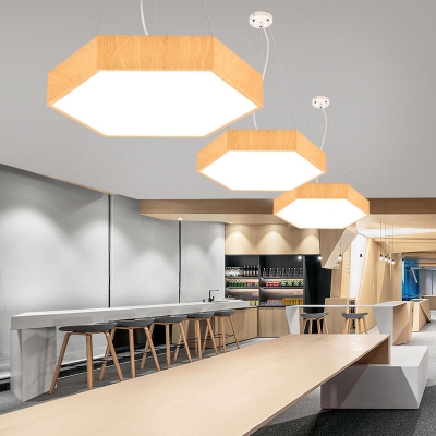 Metal Hexagonal Chandelier Lighting Nordic Light Wood LED Hanging Light for Office