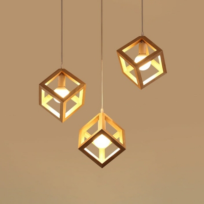 Modern Cubic Cage Pendant Lighting Wooden 3-Bulb Dining Room Multi Ceiling Light