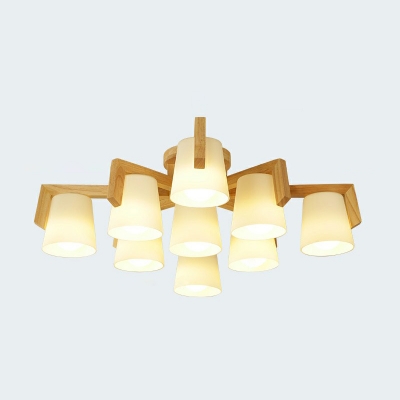 Opal Glass Tapered Ceiling Lamp Minimalistic Wood Semi Mount Lighting for Living Room