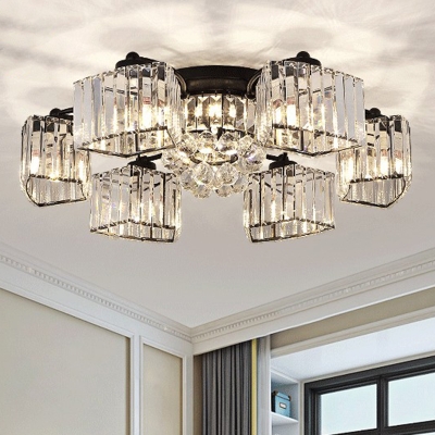 Trapezoid Crystal Flush Mount Lighting Modern Black Semi Flush Ceiling Light for Living Room