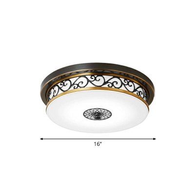 White Glass LED Flush Ceiling Light Country Coffee Round Foyer Flush Mount with Floral Swirls Decor