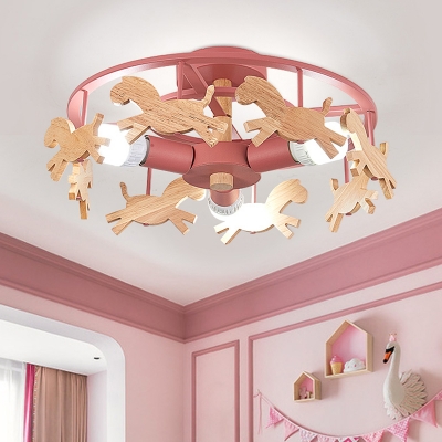 Wooden Carousel Flush Mount Lamp Cartoon 3-Light Semi Flush Ceiling Light for Kids Room