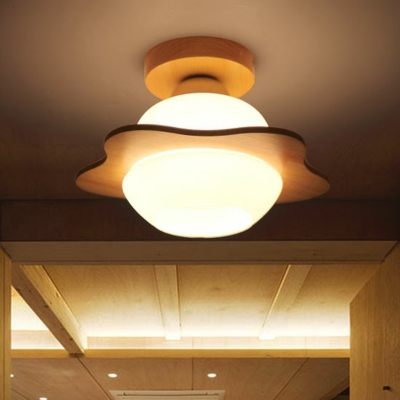 1-Head Foyer Flush Light Modern Wood Semi Flush Ceiling Light with Floral Milk Glass Shade