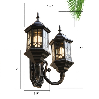 2-Head Lantern Wall Light Traditional Clear Glass Sconce Lighting Fixture for Outdoor