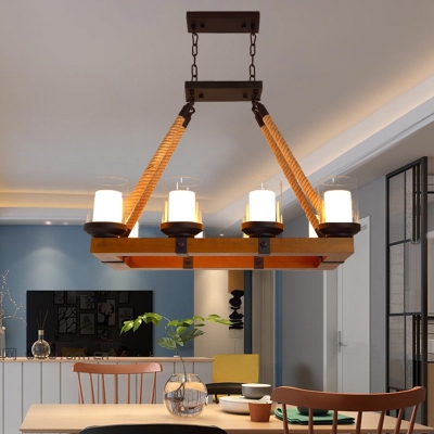 8 Lights Cylindrical Island Pendant Farmhouse Wood Glass Hanging Lamp with Inner Mica Shade