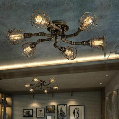 Black Semi Flush Light Warehouse Iron Piping Ceiling Light with Cage Shade for Corridor
