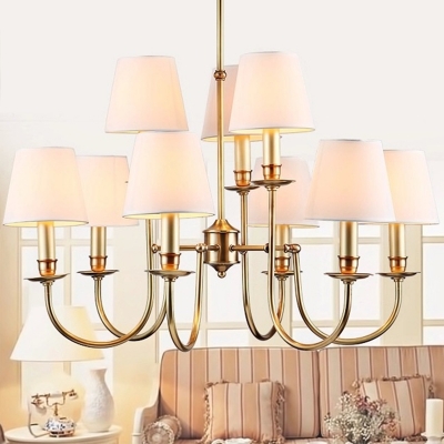 Brass Swoop Arm Chandelier Minimalist 9-Head Metal Hanging Light with Tapered Fabric Shade