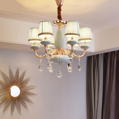 Childrens Tapered Hanging Lamp Pleated Fabric Bedroom Chandelier Light with Crystal Decor