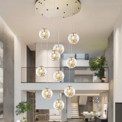 Clear Glass Ball Multi Pendant Simplicity 10-Light Gold Suspension Light with Scattered Flowers Deco