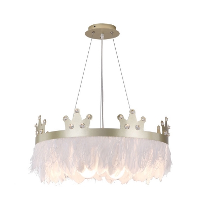 Crown Shaped Bedroom Chandelier Feather 2-Light Childrens Hanging Lamp with Crystal Deco