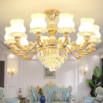 Flower Living Room Chandelier Antique Style Opal Glass Gold Suspension Light with Crystal Decoration