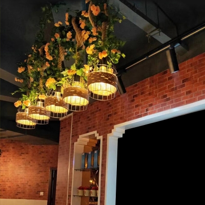 Iron Birdcage Island Light Fixture Rustic 5-Light Restaurant Pendant Lighting with Rope Decor