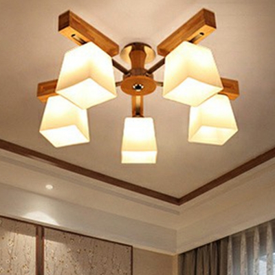 Ivory Glass Trapezoid Semi Flush Mount Modern Wood Ceiling Light Fixture for Living Room