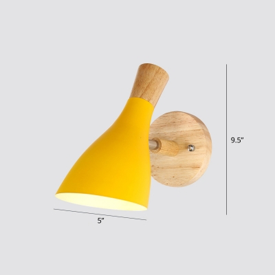 Macaron Funnel Shaped Sconce Fixture Metal 1 Bulb Bedroom Reading Wall Light with Wood Decor