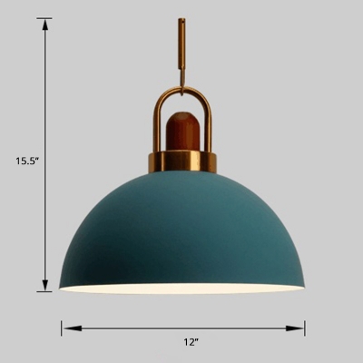 Metal Bowl Suspension Lighting Macaron Single-Bulb Ceiling Light with Brown Wood Deco