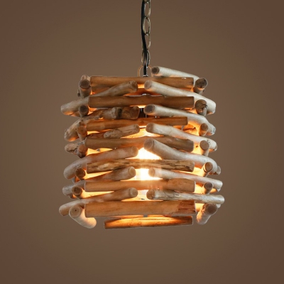 Rustic Cage Hanging Ceiling Light Bamboo Single-Bulb Restaurant Pendant Lamp in Wood