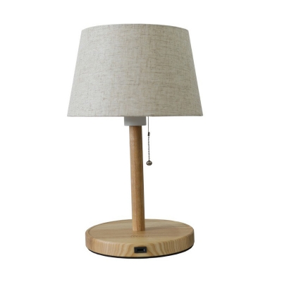 Tapered Bedroom Table Lamp Fabric 1-Light Minimalist Night Light with Pull Chain and Wood Pedestal