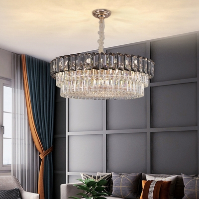 12-Light Living Room Pendant Chandelier Minimalistic Hanging Light with Round Smoke Grey Crystal Shade