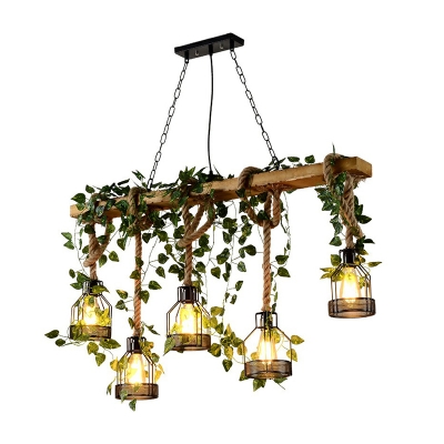 5-Light Island Pendant Lamp Country Bottle Cage Metal Suspension Light in Brown with Vine Deco