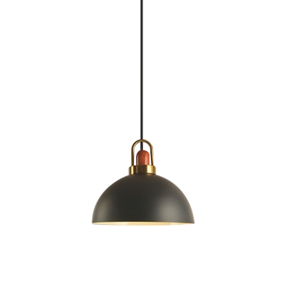 Black Dome Pendant Lamp Nordic Single-Bulb Aluminum Hanging Light Fixture with Wood Cork and Arc Handle