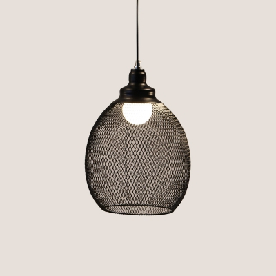 Black Oval Mesh Cage Pendant Country Style Metal Single Foyer Hanging Ceiling Light