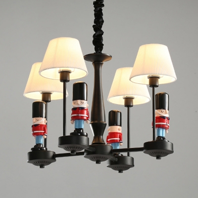 Black-Red Soldier Chandelier Cartoon Resin Hanging Light with Pleated Fabric Shade for Child Room