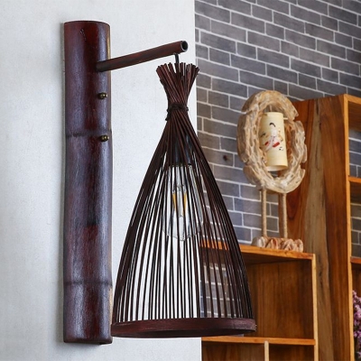 Conical Bamboo Wall Hanging Light Asian 1 Bulb Dark Brown Wall Mounted Lamp for Corridor