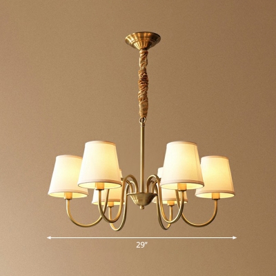 Conical Ceiling Chandelier Modern Fabric Dining Room Hanging Lamp with Curved Arm in Brass