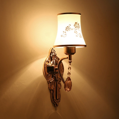 Flared Bedside Wall Lamp Traditional White Glass Gold Finish Sconce Light with Crystal and Flower Pattern