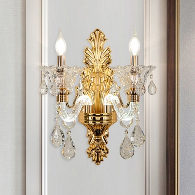 Gold Candlestick Wall Lighting Traditional Metal Corridor Wall Lamp with Floral Glass Bobeche