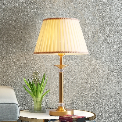 Gold Finish 1-Head Night Lamp Minimalist Pleated Fabric Tapered Table Light with Braided Trim