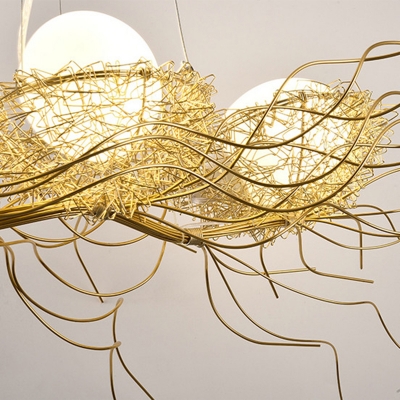 Gold Nest and Egg Suspension Light Decorative 3-Light White Glass Island Light for Restaurant