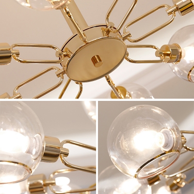 Gold Radial Suspension Light Postmodern Metal Chandelier with Dome Clear Glass Shade